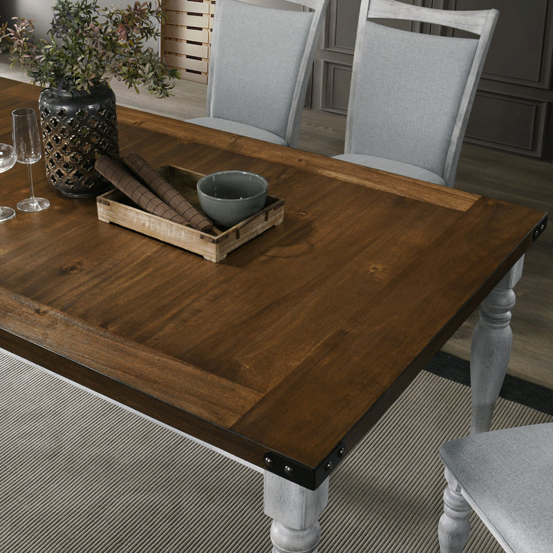 Two-Tone Wood Turned Leg Dining Table, Rustic White And Oak