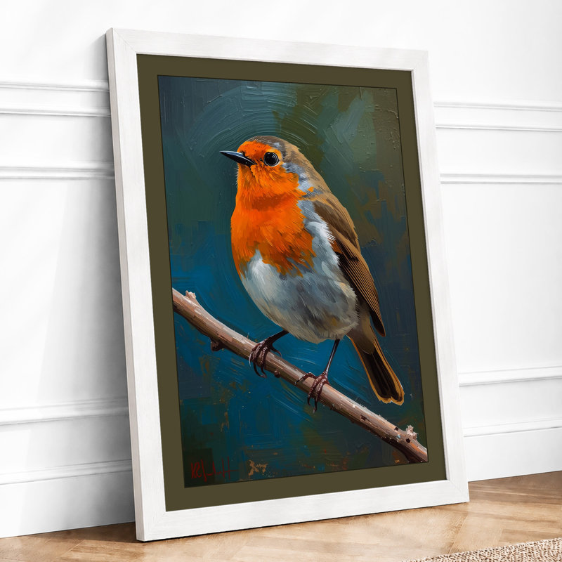 Robin on Branch Scandinavian - Framed Print, A3 - 42.0 x 29.7 cm, White