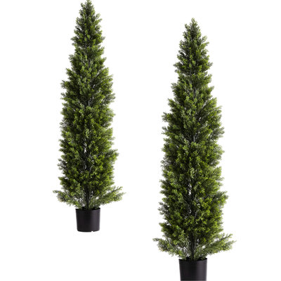 Artificial Topiary Cedar Trees, 60 inch Faux Pine Shrubs Plants, Fake Silk Tree Look Real, Easy Assembly for Decor Front Porch Outdoor Patio Garden Ba