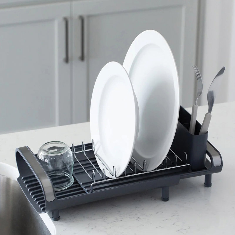 Compact Gray Metal Foldable Dish Rack with Utensil Cup