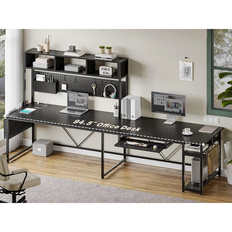 Truet Computer Desk with Hutch and Built in Outlets, Black/Black