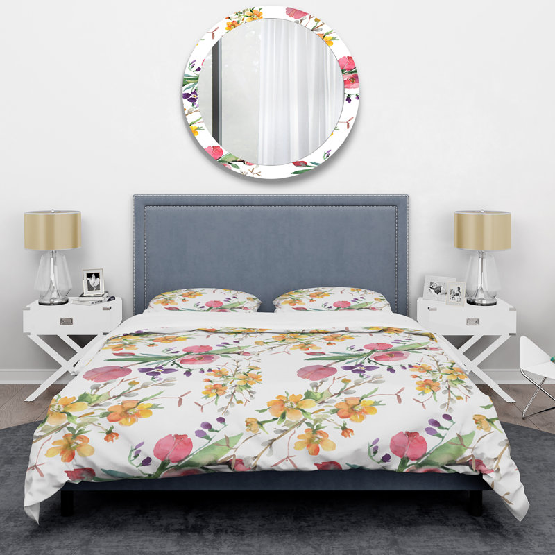Fleurs rétro et feuilles vertes - ensemble de housse de couette floral - microfibre de polyester