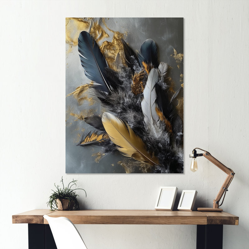 Décoration murale plumes dorées Boho Chic Feathers II - Glam Feather, H 20 po x l 12 po x P 1 po