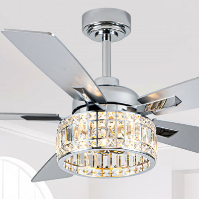 Ventilateur de plafond en cristal de 52 pouces avec lumière, ventilateur de lustre en chrome de style campagnard, ventilateur de plafond à moteur à courant continu réversible silencieux pour chambre à coucher