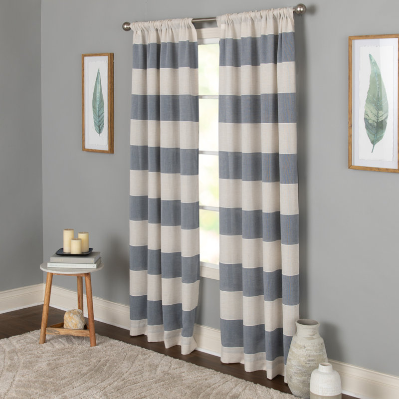 Beitnes Polyester / Linen Room Light-Filtering Horizontal Stripped Curtain Panel with Rod Pocket Top, Beige/Navy