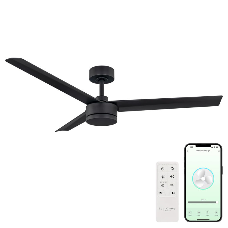 Breeze Collection Smart Indoor and Outdoor 52in 3-Blade Ceiling Fan with Remote Control Works With iOS or Android App, Black
