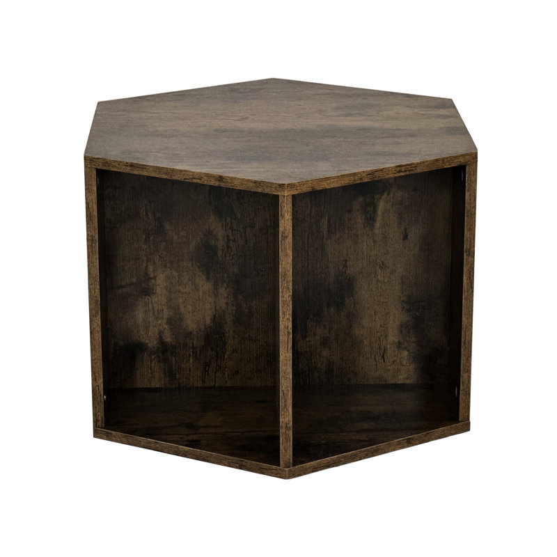 Table basse hexagonale au fini bois antique, vaste espace de rangement, conception, assemblage simple pour diverses applications, rangement spacieux, style tendance, facilité de fabrication