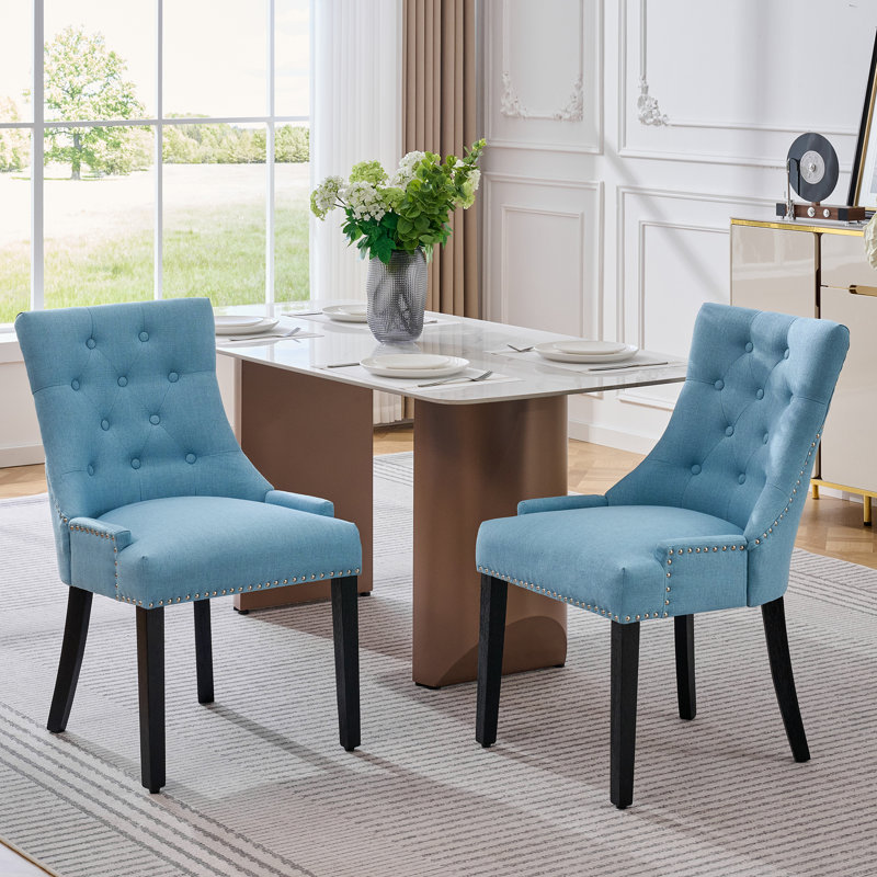 Linen Upholstered Solid Wood Dining Chairs (Set Of 2), Light Blue, Black