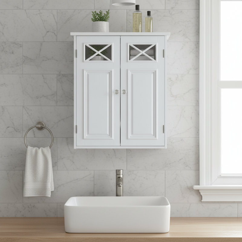 Armoire murale amovible à deux portes Woodley avec panneaux en verre moulé en croix et tablette réglable, Blanc