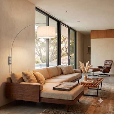 Scallop Wall Mounted Arc Lamp - Modern Design, Satin Nickel Steel Body & Base, Drum White Fabric Shade, Dimmable, Smart Switch Compatible, Bulb Included, Designed by Peter Morelli