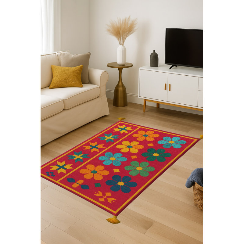 Tapis tissé à motif floral rouge Mosso, 3 pi 3 po x 4 pi 11 po