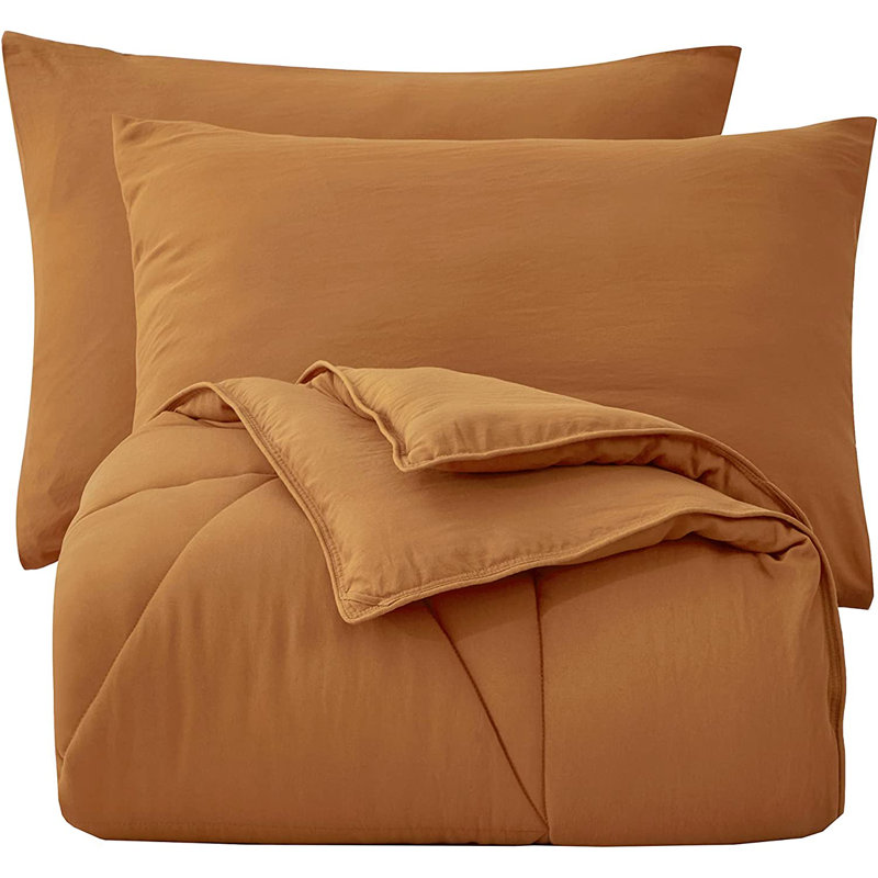 Washed Microfiber Bedding Polyester Comforter, King Comforter + 2 King Shams, Yellow