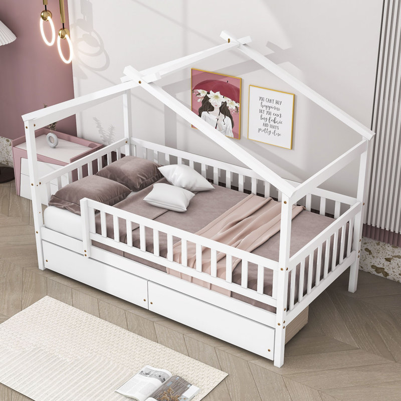 Heulwen Two Drawers Wooden House Bed, White, Twin