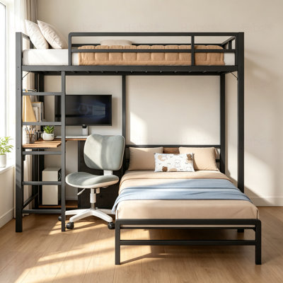 Lit superposé avec table pliante, 3 tiroirs de rangement, en métal, pouvant accueillir un lit simple, équipé de lumières DEL et de stations de charge, lit superposé avec garde-corps et échelle, peu encombrant.