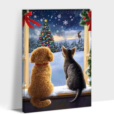 Large Abiel – Festive Dog and Cat Winter Scene with Christmas Tree, Holiday Picture Prints Painting Poster, Ready to Hang Canvas Art for Home Wall Decor and Gift, 28×40 Inches