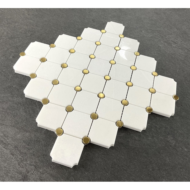 Diamond With Dot Marble Mosaic Tile, White/Gold