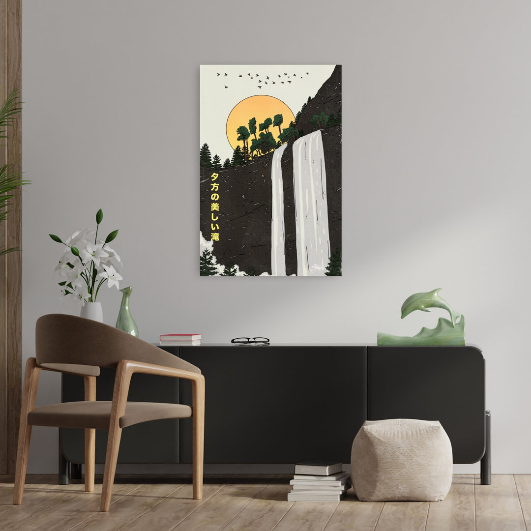 Japanese Sunset Waterfall Peaceful Serene Tranquil Pine Tree Bird Forest Landscape Wall Art Print