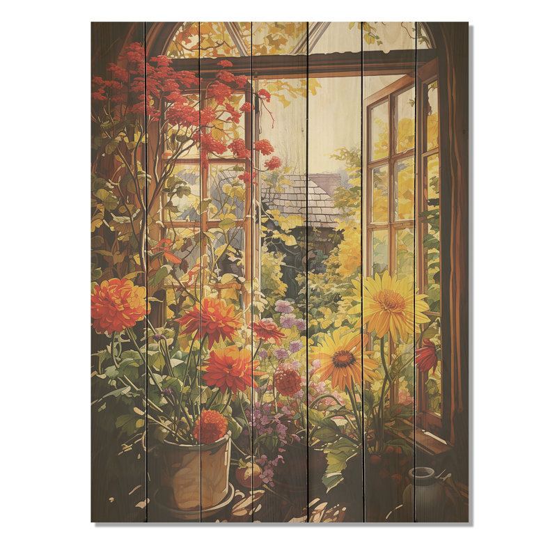 Fleurs d'été, vue de fenêtre à la ferme II - fenêtre florale sur bois, H 44 po x l 34 po