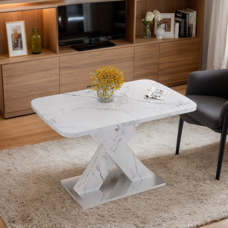 Modern Rectangle Dining Table with X-Shape Table Leg, White Marble, White Marble