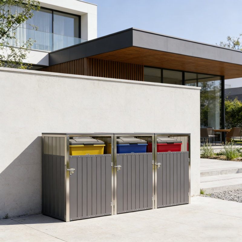Outdoor Trash Bin Storage Shed With Pneumatic Support, Lockable Doors, And Dual-Lid Chain System For Garden And Patio.