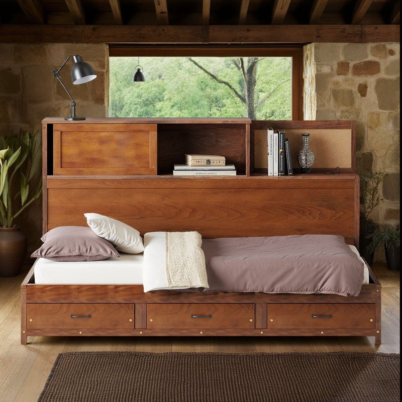 Lit de jour en bois pleine grandeur - 3 tiroirs, ports USB, tablette amovible, capacité de 350 lb?, Lit double, Brun