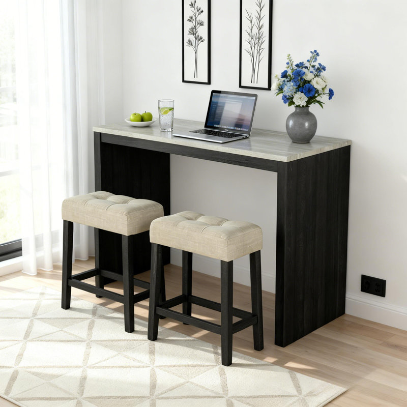47" Counter Height Dining Set with 2 Upholstered Stools, Modern Farmhouse Kitchen Breakfast Nook Table for Small Spaces