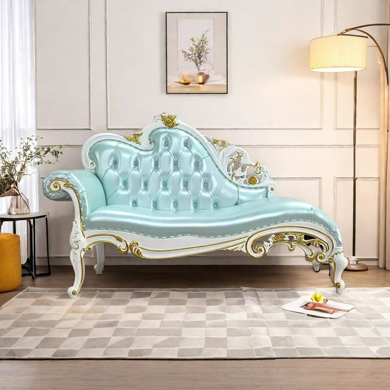 Chaise longue - Similicuir élégant et bois massif, Orienté à gauche (vu de face), Bleu ciel, Blanc / or