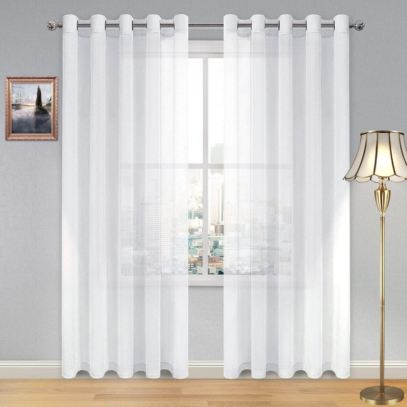 2 Panels White Sheer Curtains for Living Room Linen Look Voile Drapes Grommet Window Curtain Panel, 70" W x 95" L