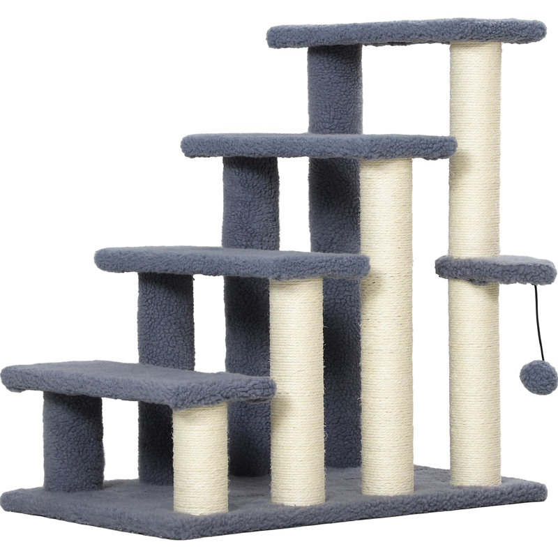 4 marches pour chat, tapis gris avec poteaux à griffer, jeu suspendu et marche latérale pour les animaux de compagnie, jusqu'à 10 livres,