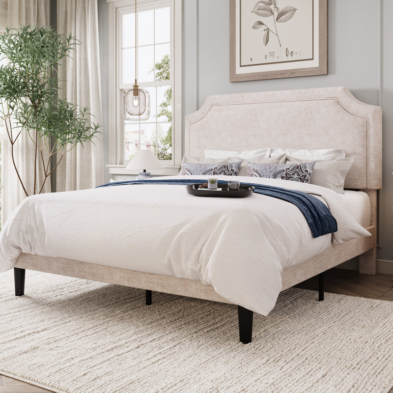 Structure de lit moderne tapissier avec tête de lit ajustable, Beige, Grand lit