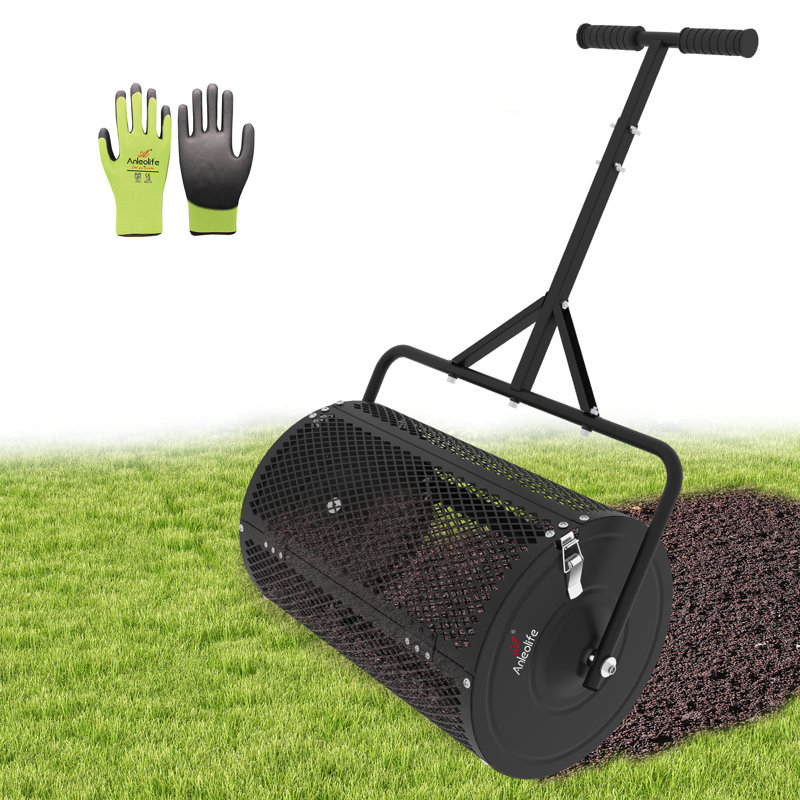 Épandeur de compost 24 po, rouleau de mousse de tourbe de pelouse et de jardin avec loquets latéraux, poignée réglable en hauteur de 24 à 31,1 po, panier en maille métallique pour épander la terre végétale, fumier, paillis, noir