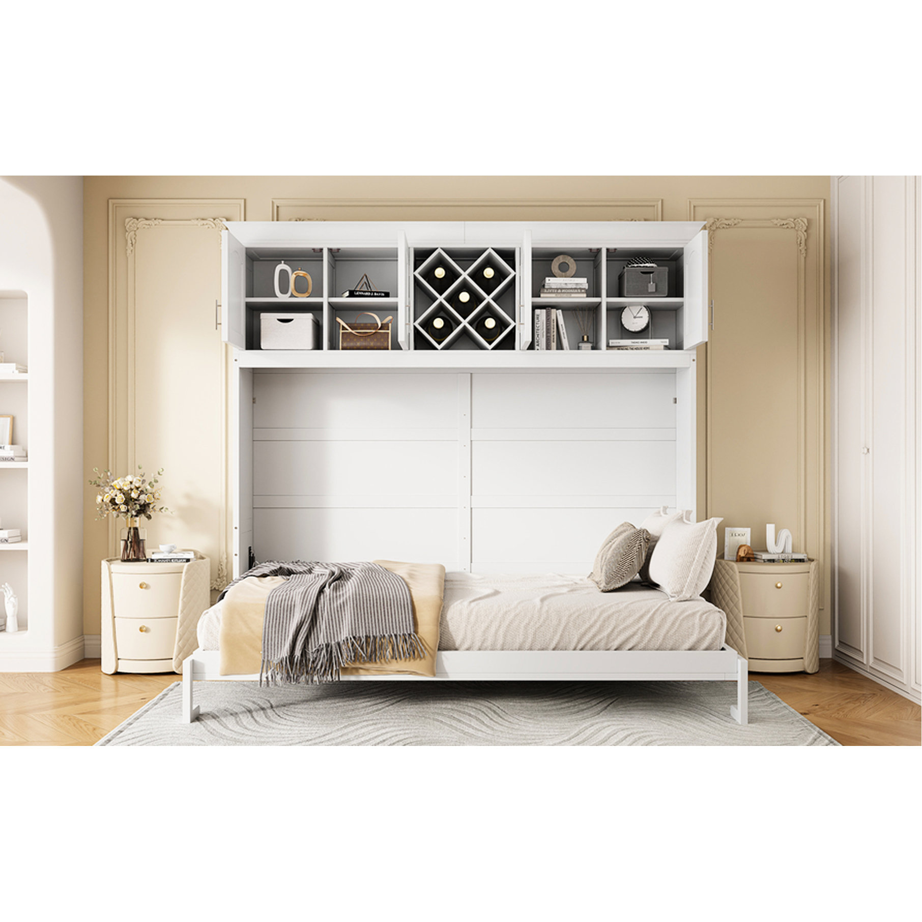 fengshu Queen Size Bed With Storage Cabinets & Wine Stand, White ...