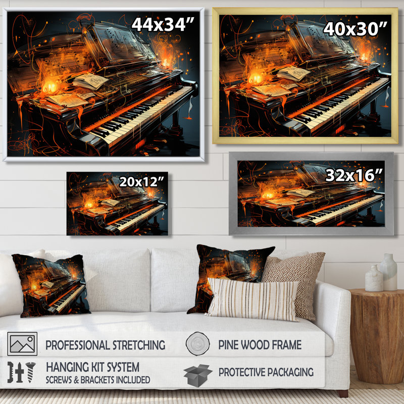 Illustration historique de piano noir avec bougies - impression d'art mural piano, Toile avec cadre flottant or