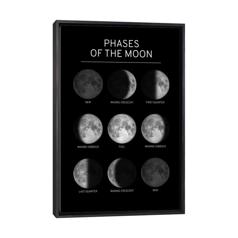 Phases de la lune - impression, Pas de tapis, Toile avec cadre noir patiné, H 40 po x l 26 po x P 1,5 po