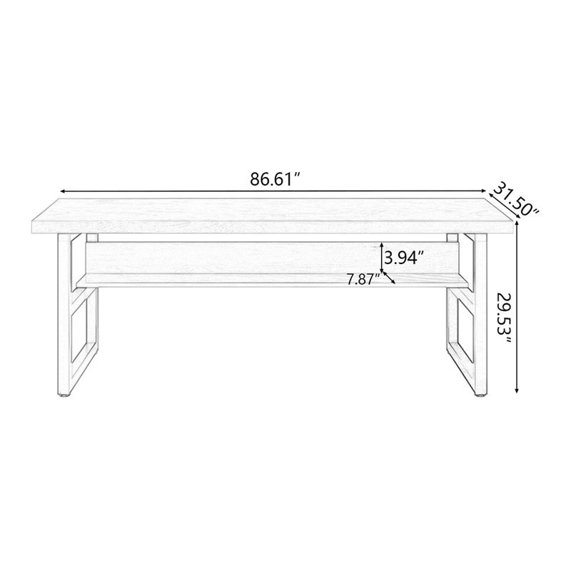 Brown + Black Rectangular Solid Wood desk, 29.53" H x 86.61" W x 31.5" D