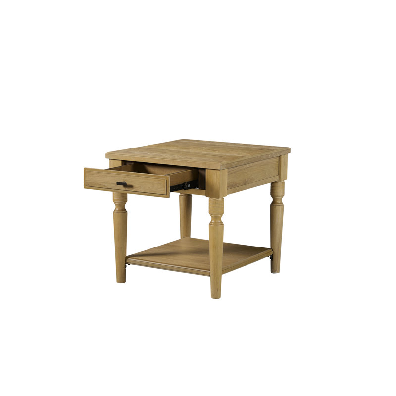 Table d'appoint Cashew avec placage et finition colorée, un tiroir, intérieur fini, pieds tournés classiques pour un style intemporel, tablette inférieure ouverte, espace de rangement supplémentaire, bois massif beige, 61 cm (24 po)