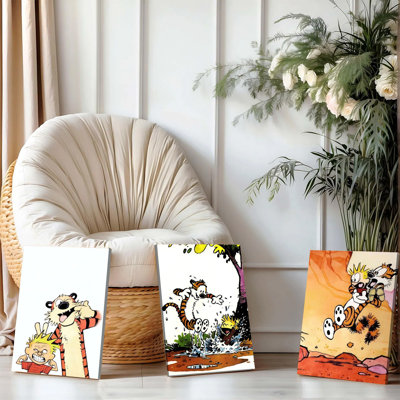 3PCS Wall Arts Posters Framed, Calvin and Hobbes Comic Strip Canvas Wall Art Set of 3 Vibrant Cartoon Prints for Kids Room Nursery Playroom Living Room Decor Nostalgic Funny Characters Wall Decorations Modern Home Decor