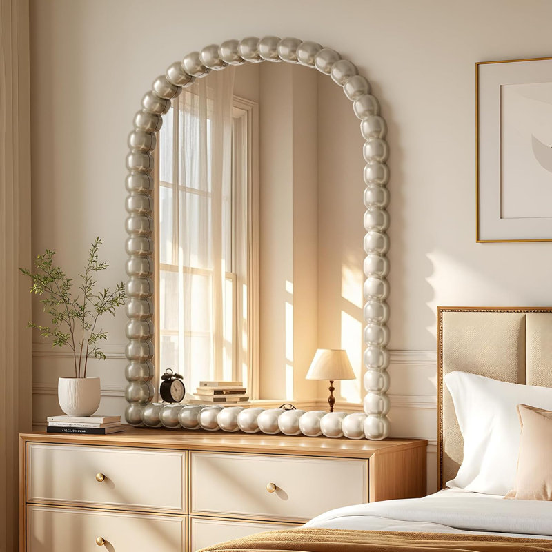 Arched Bathroom Wall Mounted Vanity Mirror, Vintage Beaded Decorative Makeup Mirror, Sliver, 30" x 38"