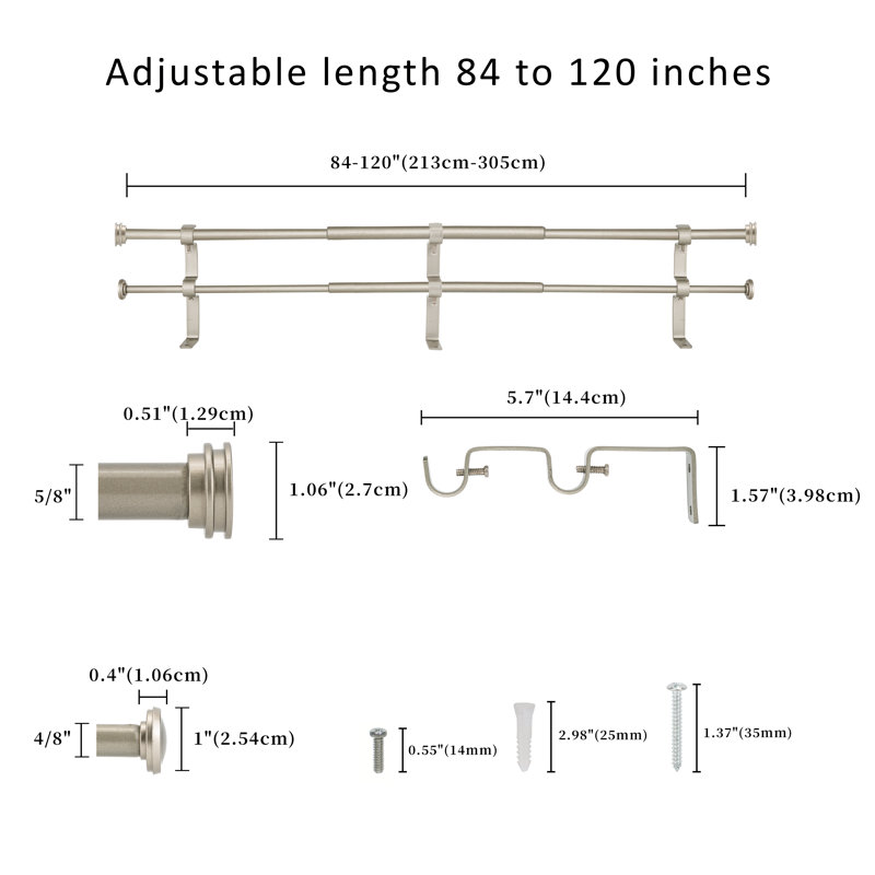 Kynley Steel Adjustable Double Curtain Rod, 84" - 120", Pewter