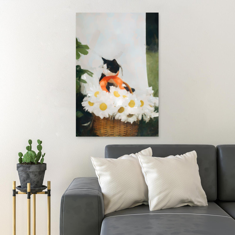 «Tuxedo Cat With White Daisy Flowers», reproduction d'art graphique sur toile tendue 1 pièce