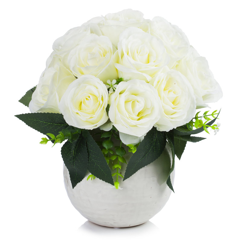 Faux Silk Rose Arrangement in Pot, Cream