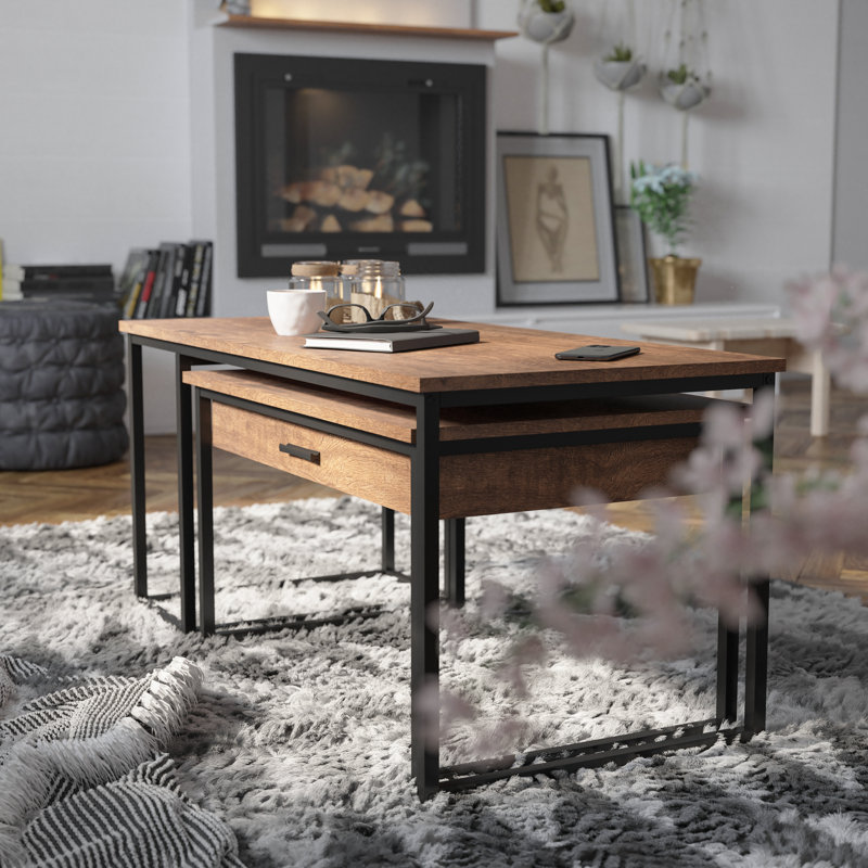 2 Piece Modern Nesting Coffee Table Set with Storage Drawer and Sled Base Metal Frames