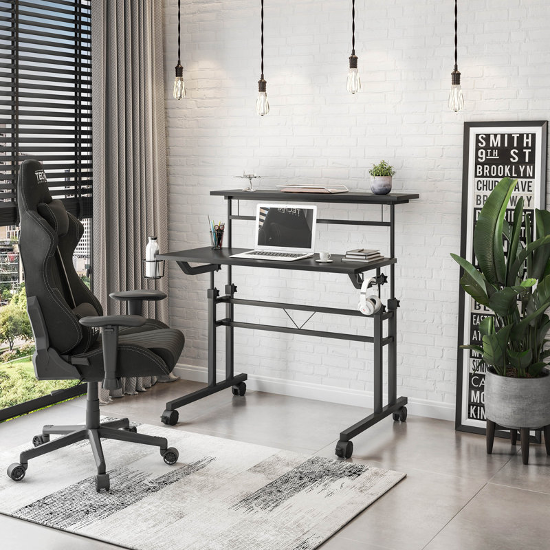Bureau d'écriture roulant avec hauteur réglable et tablette mobile, Noir