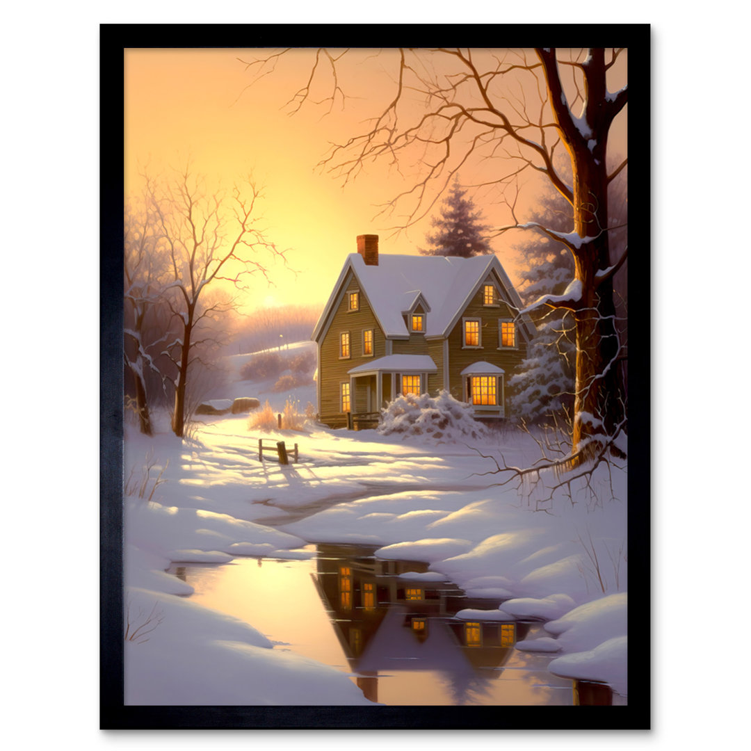 Abdelrahim Sunrise Winter Cottage Landscape Snowy Countryside Lake - Single Picture Frame Print