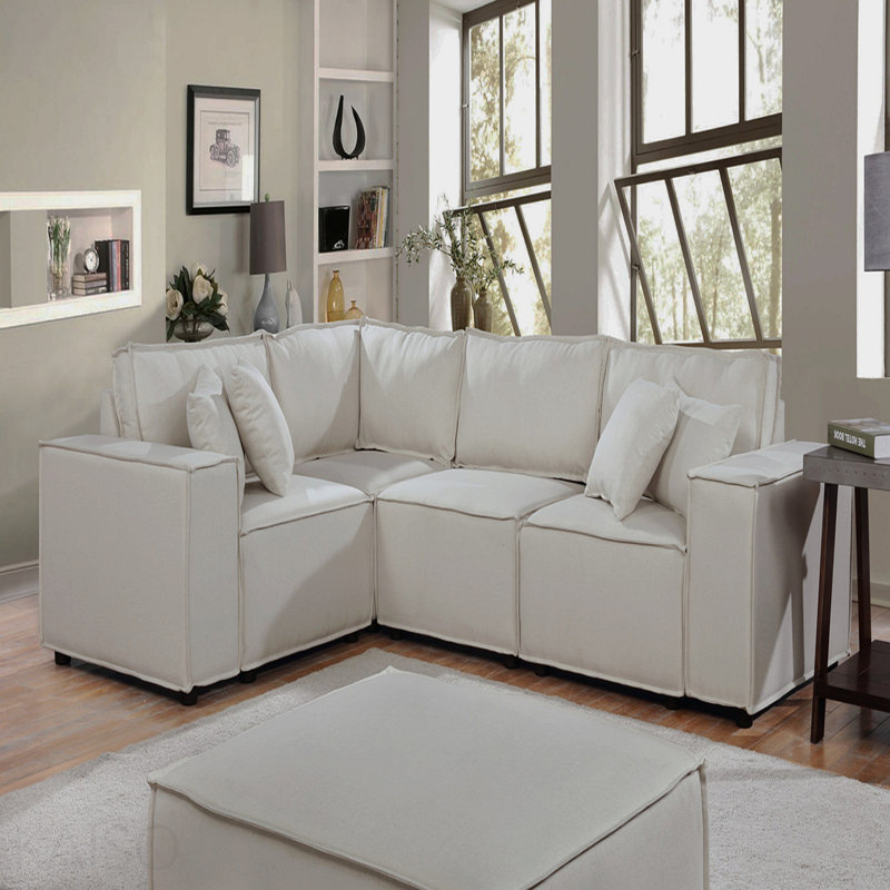 Basic Sectional Sofa, 99" Modular  Sofa Sofa with Ottoman In Beige Linen