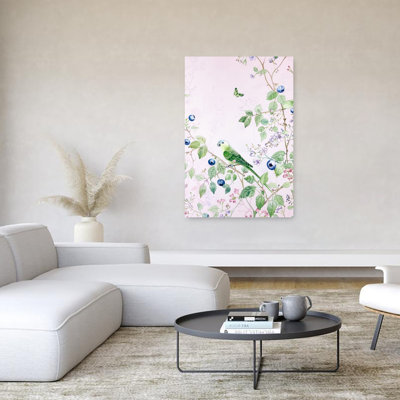 Green Parrot Blueberries Delicate Peaceful Vibrant Butterfly Bird Nature Spring Wall Art Print 1 Piece Wrapped Canvas Wall Art