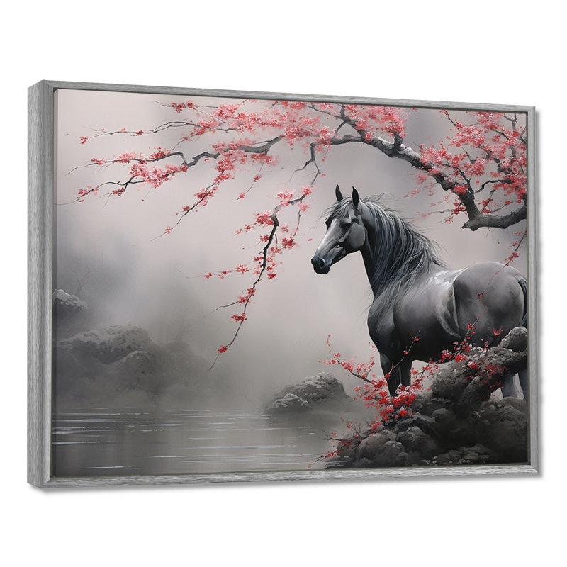 Art asiatique, cheval gris I - art mural cheval, H 24 po x l 32 po x P 1 po, Encadrement argenté