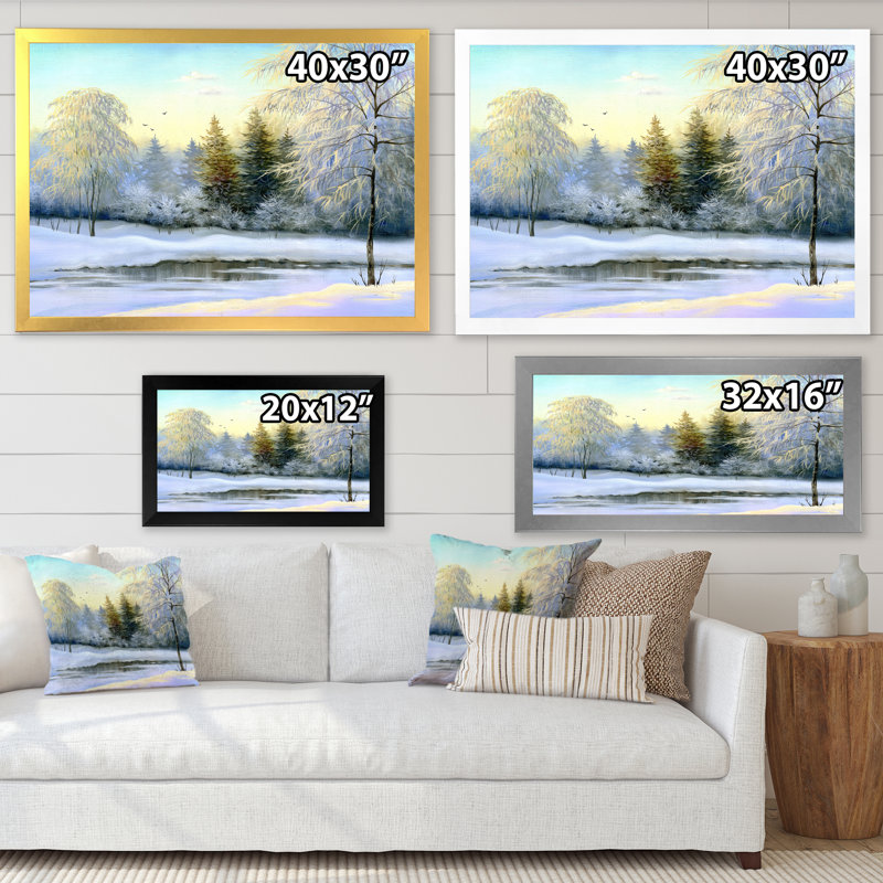 «Beautiful Winter River Landscape Pendant Sunset», peinture sur toile, H 30 po x l 40 po, Cadre photo noir