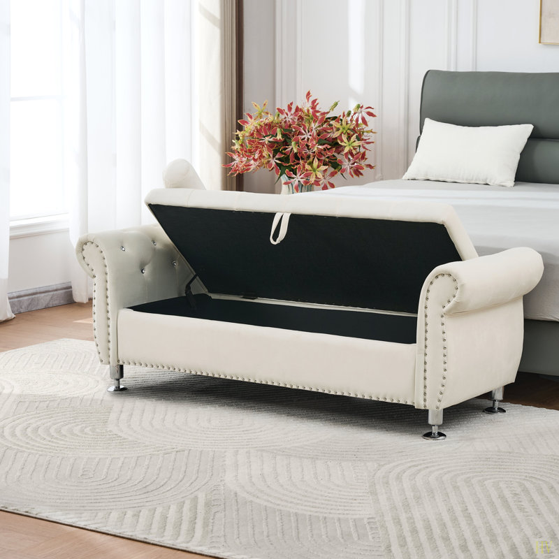 Banc de rangement en velours de 62,2 pouces avec boutons en cristal et 1 coussin pour la chambre à coucher et le salon