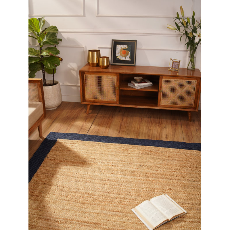 Wiedman Hand Woven Jute Eco-Friendly Solid Area Rugs - Square, Beige Blue Color, Contemporary Modern Design, Low Pile, Natural Fiber, Outdoor Indoor Handmade Area Rugs for Living Room, Bed Room